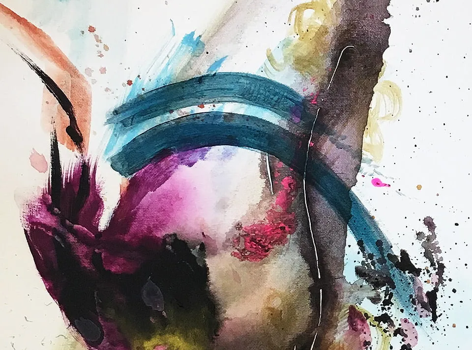 An up-close shot of a colorful abstract painting by Virginia Sitzes. 