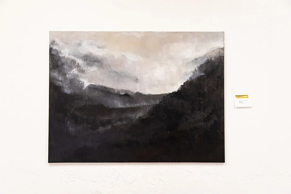 A black, gray, and white abstract painting by artist Wendi O'Connor. 