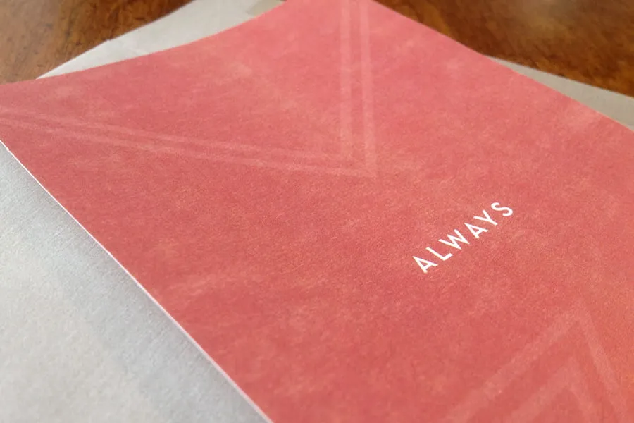 The outside of a printable card, with a red background that says, "Always." 