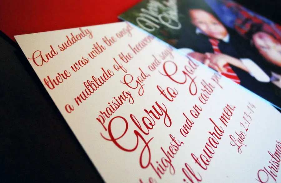 Glory to God Christmas Card - myheartcreative A close-up of the Glory to God Christmas card designed by Amy. The bible verses Luke 2:13-14 are shown in red cursive font.