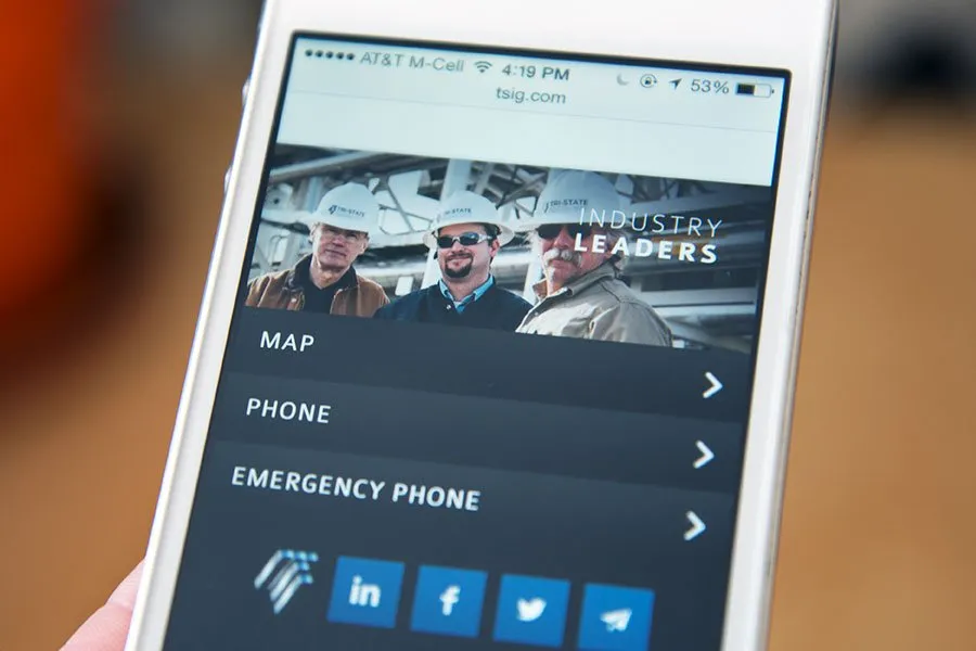 The mobile website navigation for Tri-State Industrial Group. The navigation consists of map, phone, and emergency phone. 