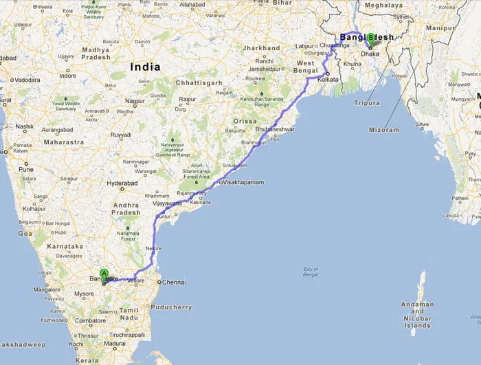 A map showing the route from Bangalore, India to Dhaka, Bangladesh. 