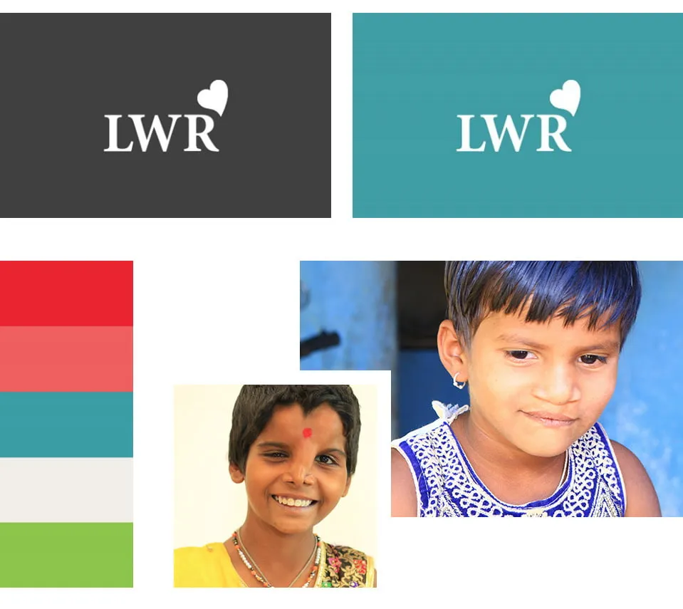 The LWR logo design reversed on dark gray and turquoise. The color palette is also included next to two photos of patients that have been impacted by LWR. 