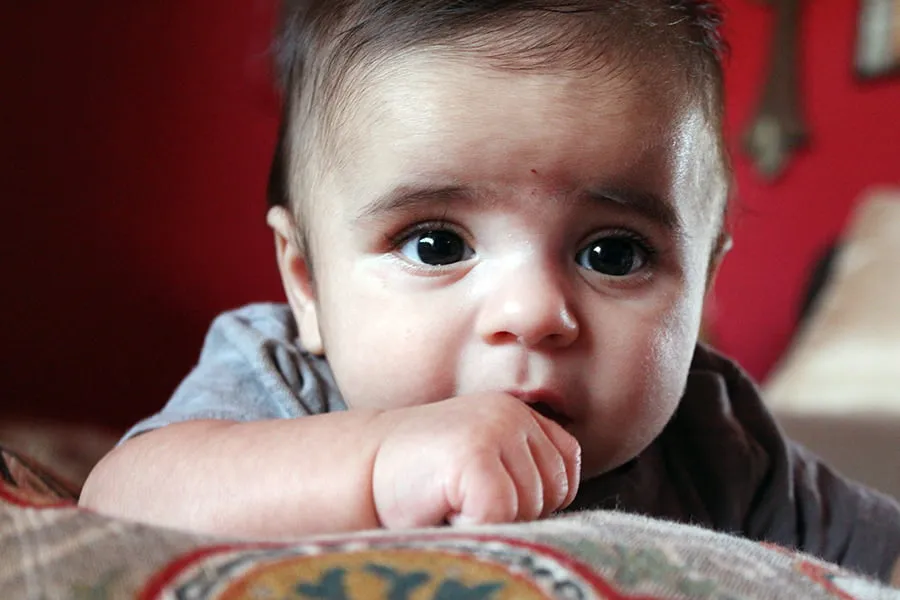 Baby Bubba's Tummy Shoot - myheartcreative Baby Bubba puts his hand in his mouth while he pays on a patterned pillow. He looks at the camera.