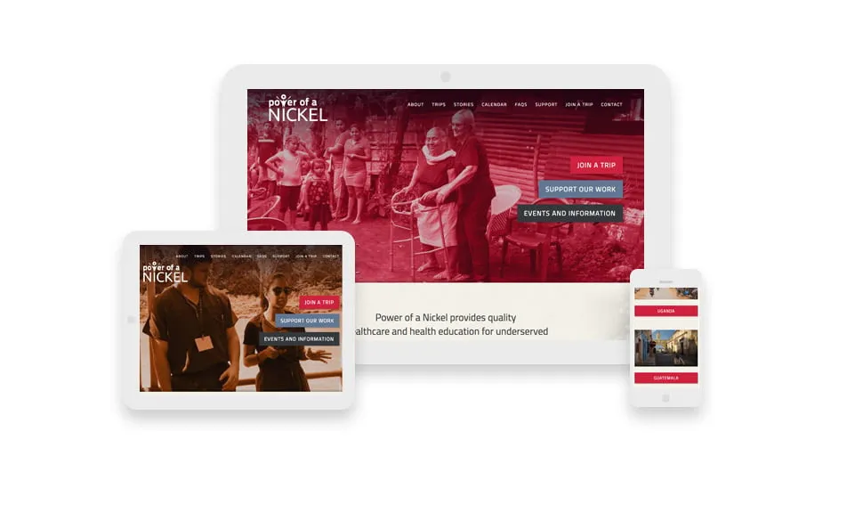 The web design for Power of a Nickel on a desktop, tablet, and mobile phone screen. 