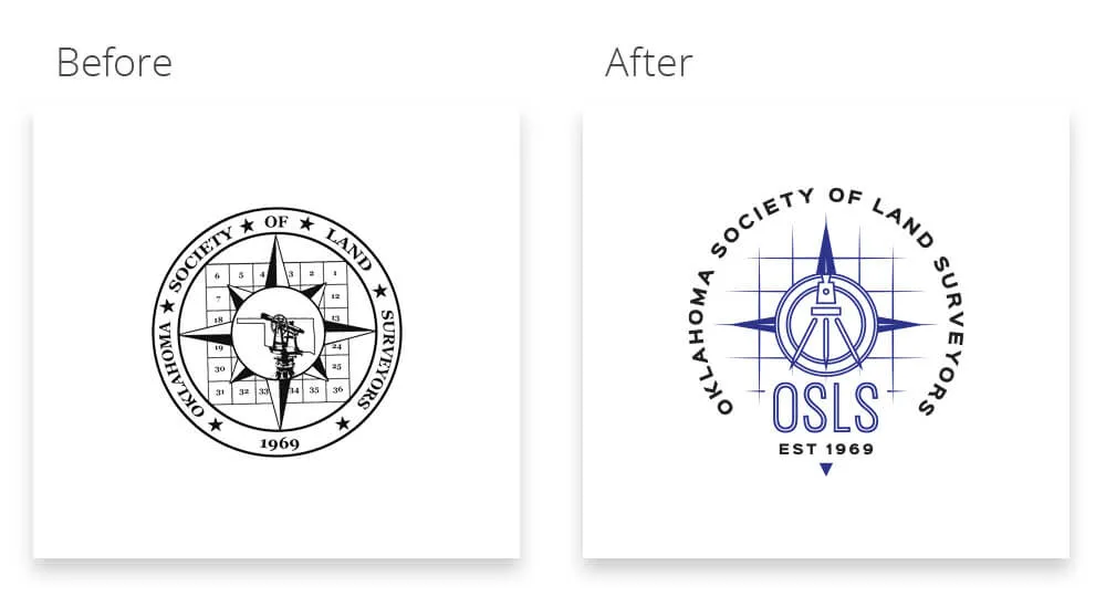 The before and after logo design OKC for Oklahoma Society of Land Surveyors (OSLS). 