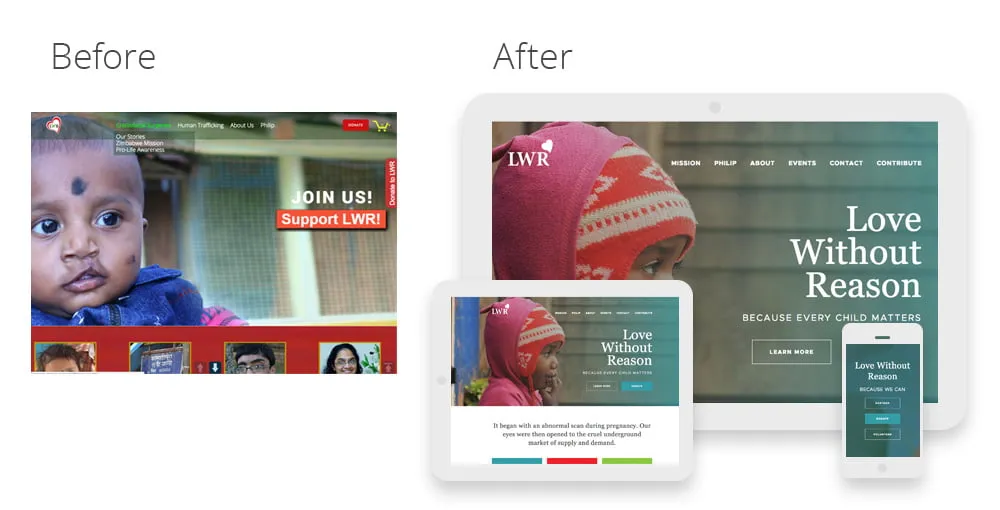 The before and after website design for Love Without Reason. 