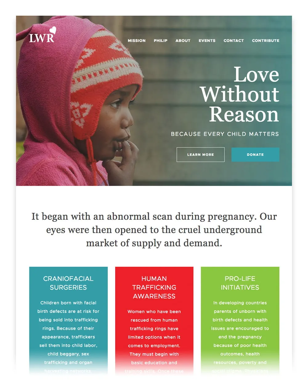 The website homepage for Love Without Reason shown on a tablet view. 