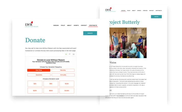 The Donate and Project Butterfly pages on the new Love Without Reason website. 