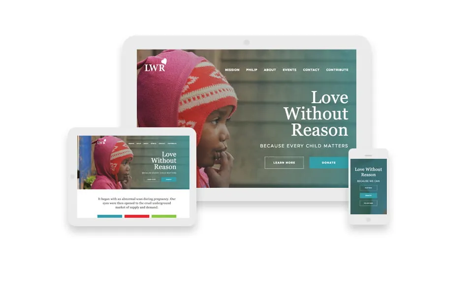 The web design for Love Without Reason on desktop, tablet, and mobile phone screens. 