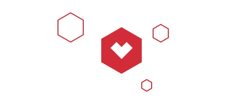 The myheartcreative logo icon in red. There are three blank hexagons in red outline surrounding the icon. 
