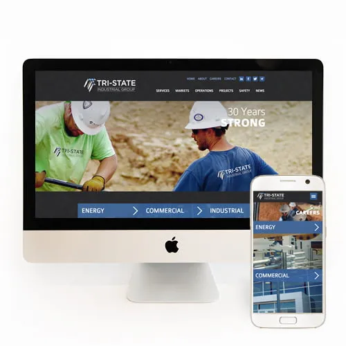 The website design for Tri-State Industrial Group on a Mac desktop and a smartphone. 