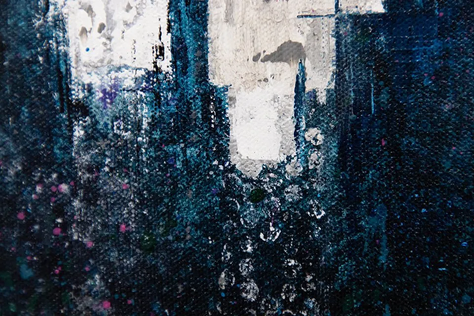 An abstract painting titled, "Periphery" by Keith Wolfe. The painting dotes navy blue, purple, black, and white colors. 