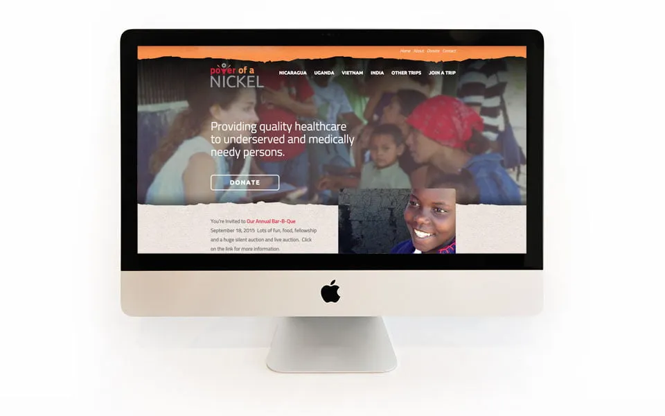 The website homepage for Power of a Nickel as shown on a Mac desktop computer. 