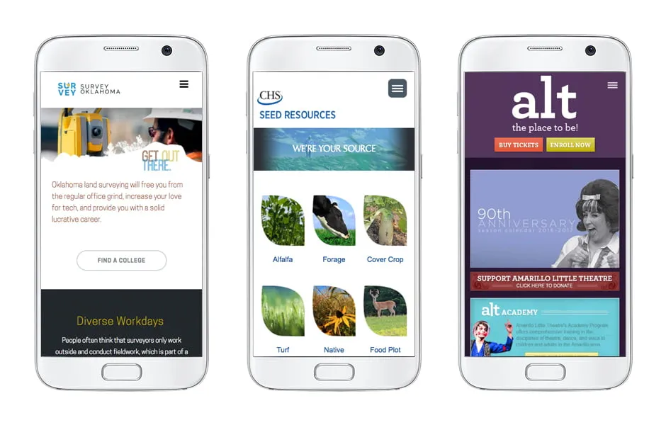 6 Graphic Design Trends That Will Skyrocket Your Brand's Success - myheartcreative Three mobile phones, one with the Survey Oklahoma website, one with CHS website, and one with Amarillo Little Theatre website.
