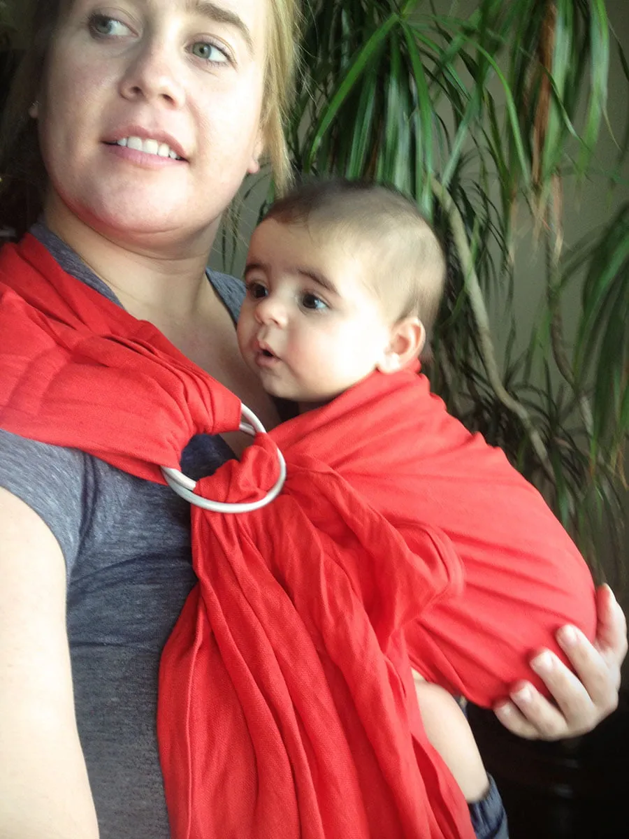 New Ring Sling - myheartcreative Amy babywears Maximus in a red Ring Sling.