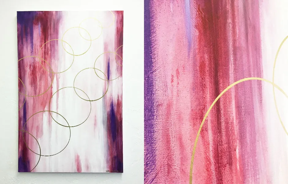 A collage of a pink, white, and purple abstract painting by Sara Day-Short. 