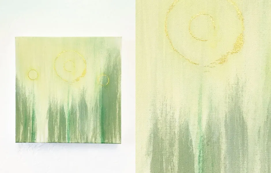 A collage of a yellow and green abstract painting by Sara Day-Short. 