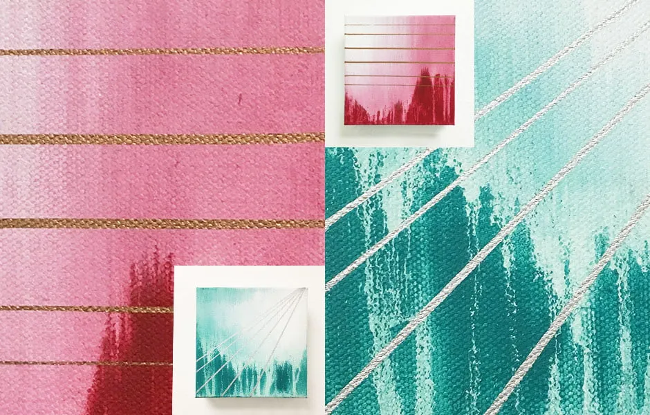A collage of two abstract paintings by Sara Day-Short. One is a hot pink painting and the other is turquoise blue. 