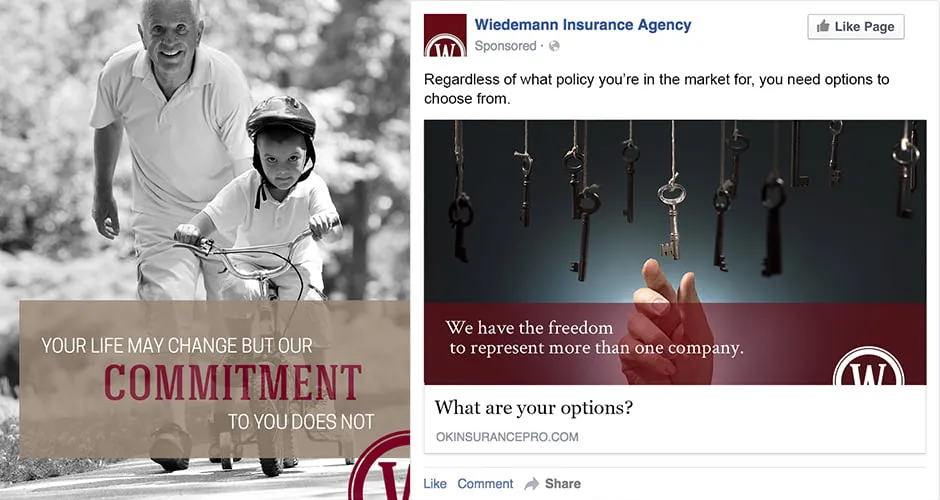 A social media post for Wiedemann Insurance Agency that says, "Regardless of what policy you're in the market for, you need options to choose from." The post includes a link to their website. The graphic on the left shows a grandfather teaching his grandson how to ride a bike. It says, "Your life may change but our commitment to you does not." 