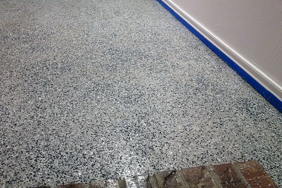 The speckled flooring at the new studio. 