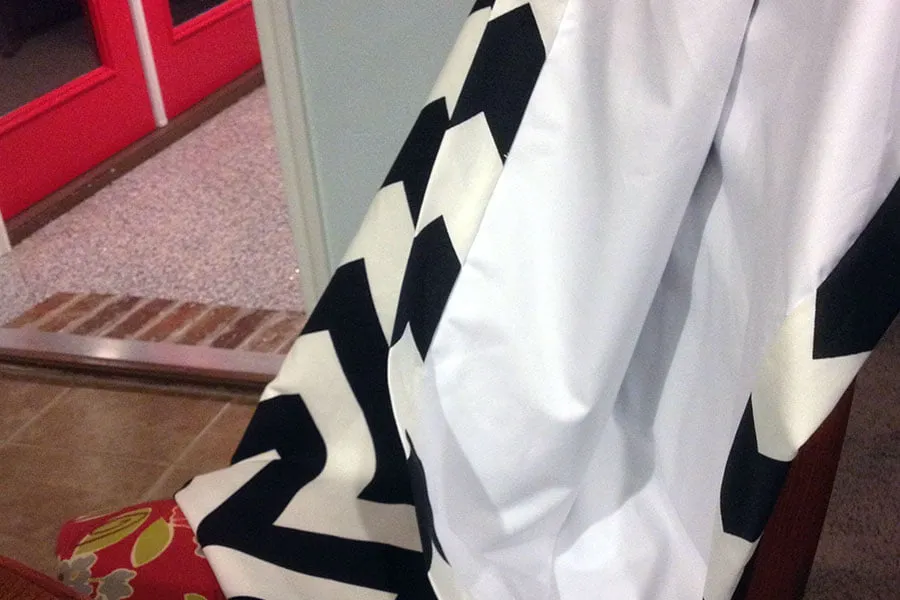 A panel of chevron curtains used in the new studio. 