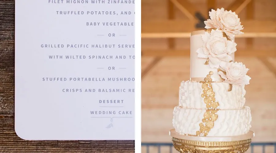 Styled Stationery - myheartcreative Two images from the styled shoot. On the right, a three-tiered wedding cake is shown on a gold cake stand. On the right is an up-close shot of the custom-designed menu.