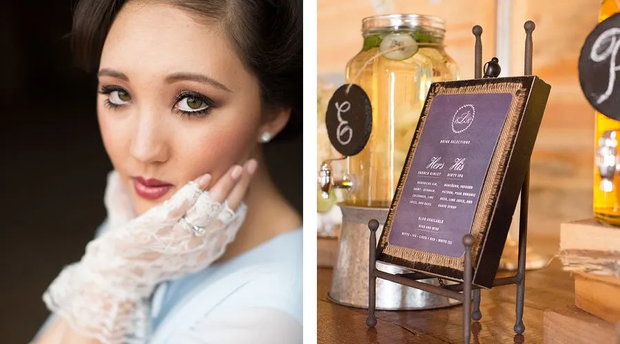 Styled Stationery - myheartcreative Two images from the styled shoot. On the left is the custom-designed bar menu placed next to a water dispenser. On the left, the bride gazes at the camera wearing white lace gloves. She grasps her face.