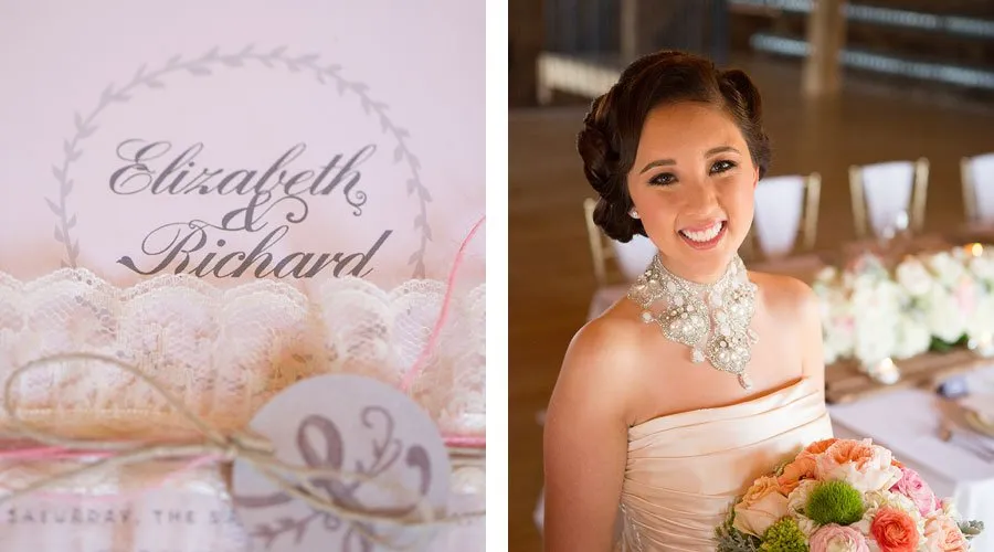 Styled Stationery - myheartcreative Two images from the styled shoot. On the right, the bride smiles while wearing a strapless wedding gown with a large, sparkly necklace. She holds a bouquet. On the left is a close-up shot of the wedding invitation that reads, "Elizabeth & Richard."