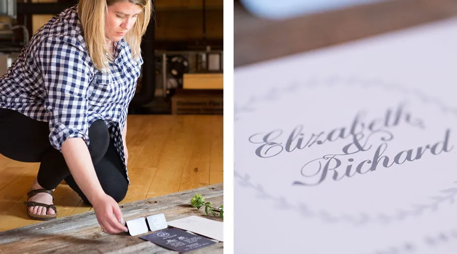 Styled Stationery - myheartcreative Two photos from the styled stationary shoot. On the right, there is a close-up shot of "Elizabeth & Richard" written on the envelope. On the left, Amy is placing the stationary materials on a wooden background.