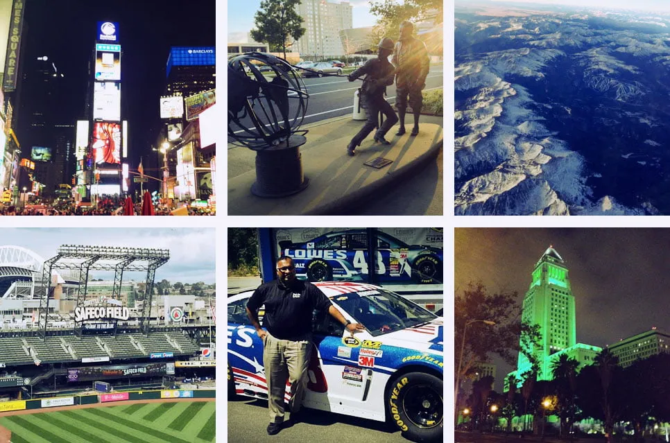 How Traveling Can Improve Your Business - myheartcreative A collage of six photos from Vinod's travels. The top left photo is of Times Square in New York City. The top middle shows a statue of a man pulling on a top attached to a globe. The top right is of a mountain range from an airplane. The bottom left is of Safeco Field. The bottom middle is of VInod standing in front of a race car. The bottom left is of a large skyscraper.