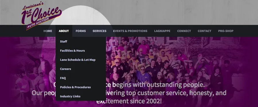 Make Your Website Communicate for You - myheartcreative The banner on Louisiana's 1st Choice Auto Auction's website homepage. The sub navigation tab for About is circled with a spotlight, while the rest of the banner is shaded.