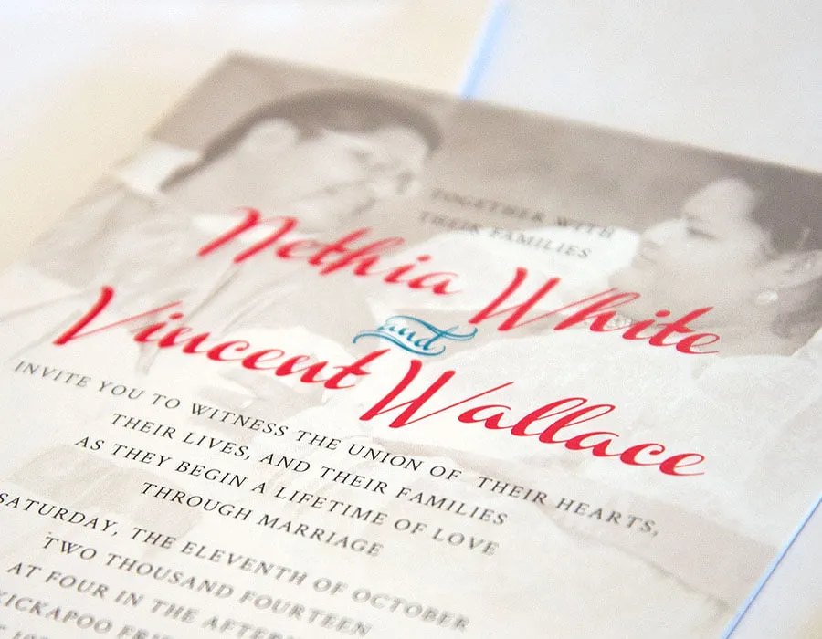 A close-up of the front of the wedding invitation design for Nethia and Vincent. 