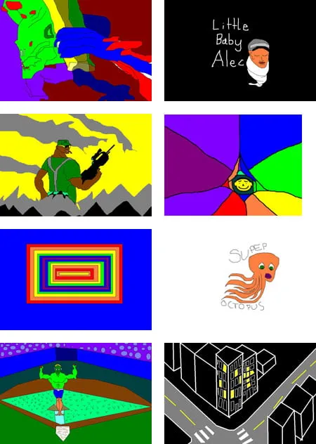 A collage of artwork by Amy's brother. The top left is a multi-colored abstract piece. The top right is a baby's face with "Little Baby Alec" written next to it. On the second row, there is an image of a soldier holding a gun on the left and a smiley face surrounded by multiple colors on the right. On the third row, there is a rainbow box on the left and an orange octopus with "Super Octopus" on the right. On the bottom row, there is a green character flexing his muscles on the left and a nighttime city street on the right. 