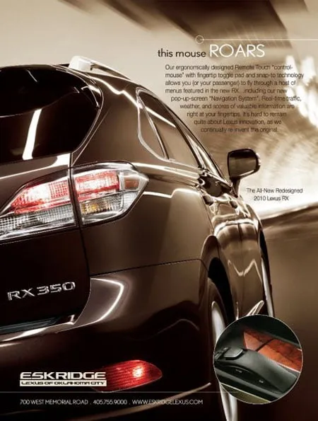 "This mouse ROARS." An ad designed by Amy G. for Eskridge Lexus of Oklahoma City. 