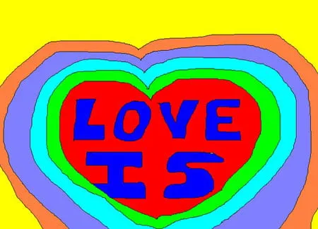 "Love Is" in a multi-colored heart. 