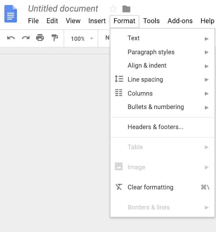 A screenshot of the Format tab in Google Docs. 