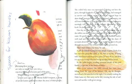 Two pages out of a book. The left page shows a watercolor painting of an apple with Amy's notes in the margins. The right page has Amy's notes written over the text. 