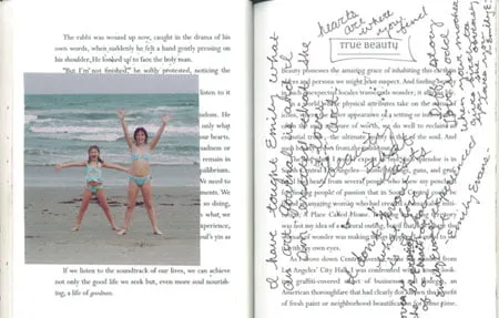 Two pages out of a book. The right page has Amy's notes scribbled all over the page. The left page has an image of two young girls at the beach. 
