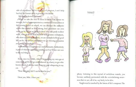 Two pages out of a book. The right page shows two girls making fun of another girl. The left page shows a rough sketch of a human figure. 