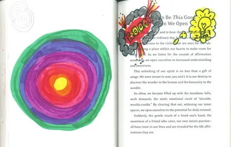 Two pages out of a book. The right page has a yellow lightbulb sketch and a "BOOM" explosion sketch. The left side has a circle with multi-colored rings. 