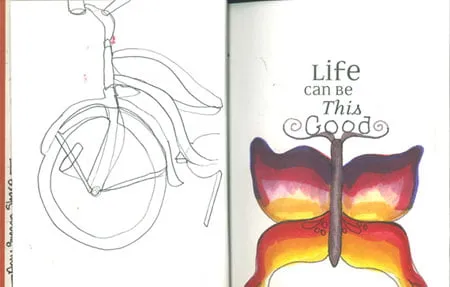 The title page for "Life Can Be This Good." Amy had drawn a colorful butterfly underneath the title. On the left page, she sketched a bicycle. 