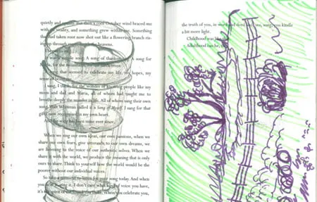 Two pages out of a book. On the left side, Amy has sketched a cylindrical object in pencil. On the right side, she has sketched a landscape in purple marker and filled in the background with green. 