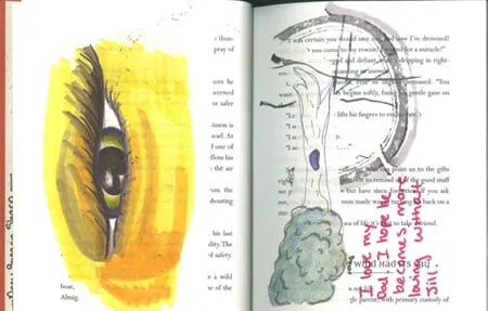Two pages of the book with Amy's doodles. On the left page, Amy drew an eye and colored it with yellow marker. The right side is a sketch of a tree. She wrote in red marker, "I love my dad. I hope life becomes more loving without Jill." 