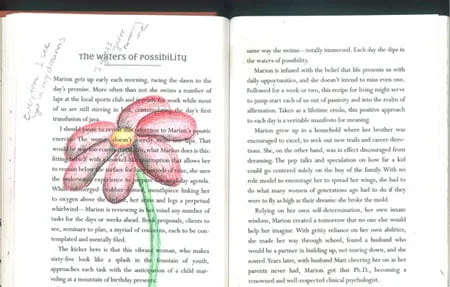 Two pages out of a book. The left side shows a drawing of a red flower with Amy's notes in the margins. 