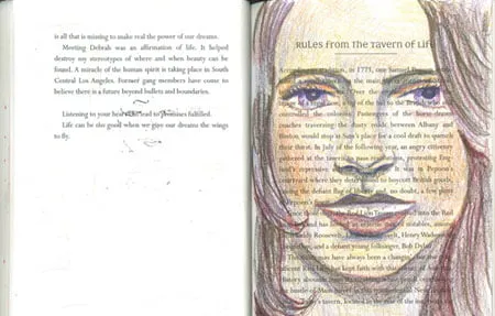 Two pages out of a book. The right page has a woman's face. 