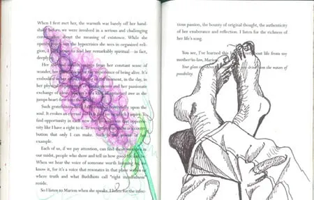 Two pages out of a book. The left page shows a cluster of purple grapes. The right page shows Amy's sketch of two feet being crossed. 