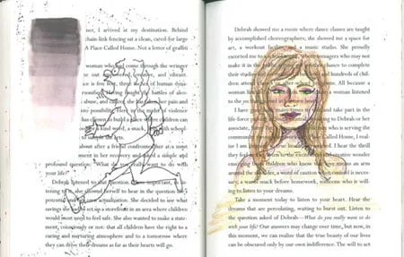 Two pages out of a book. The left page has a sketch of a woman running and multiple watercolors. The right page has a sketch of a woman's profile. 