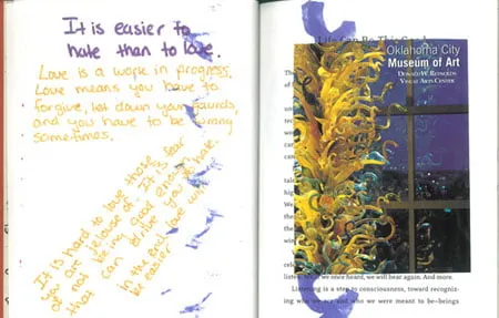 Two pages out of a book. On the right page is a clipping of an ad from the Oklahoma City Museum of Art with a purple spiral line on the page behind it. On the left page. Amy wrote, "It is easier to hate than to love. Love is a work in progress. Love means you have to forgive, let down your guards, and you have to be wrong sometimes. It is hard to love those you are jealous of. It is fear of not being good enough that can drive you to hate. In the end, love will be easier." 