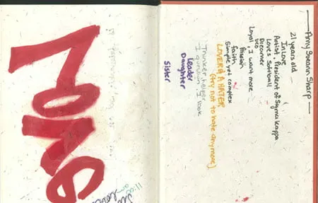 Amy's doodles on the inside cover of her book. The right side is a list of attributes she uses to characterize herself. The left size if the word "LOVE" written in red marker. 